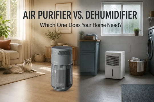 Air purifier and dehumidifier shown in the different home problems they address.