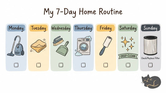 7-day summer shedding cleaning schedule with daily icons: vacuum, wipe, brush, laundry, lint roll, deep clean, filter check