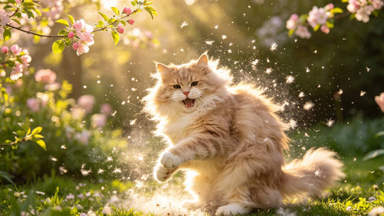 Long-haired cat shedding fur in spring sunlight with floating hair particles