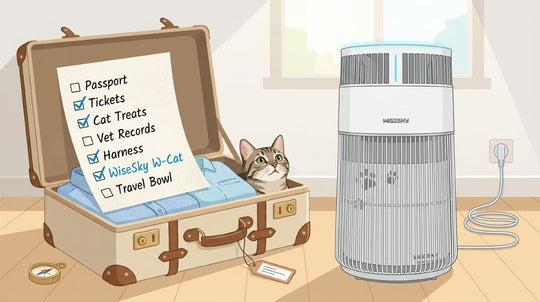Memorial Day travel checklist with WiseSky air purifier, calendar, suitcase and cat