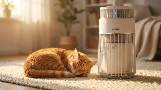 Cat sleeping peacefully next to W-Cat air purifier in quiet sleep mode