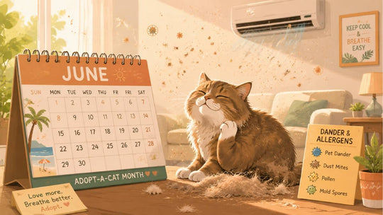 June calendar with cat shedding and floating dander particles, summer allergy season