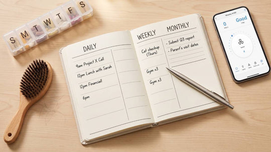 The planner pages are divided into "Daily," "Weekly," and "Monthly" sections with a pen.