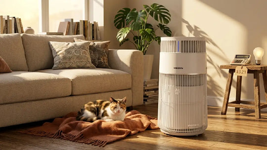 W-Cat air purifier running 24/7 next to sleeping cat with low energy cost