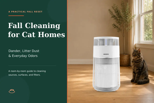 White W-Cat air purifier in a clean early-fall living room shared with a cat.