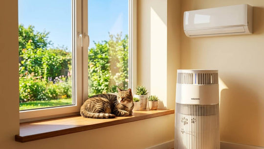A gray tabby cat resting on a windowsill beside a WISESKY air purifier in a bright, modern living room