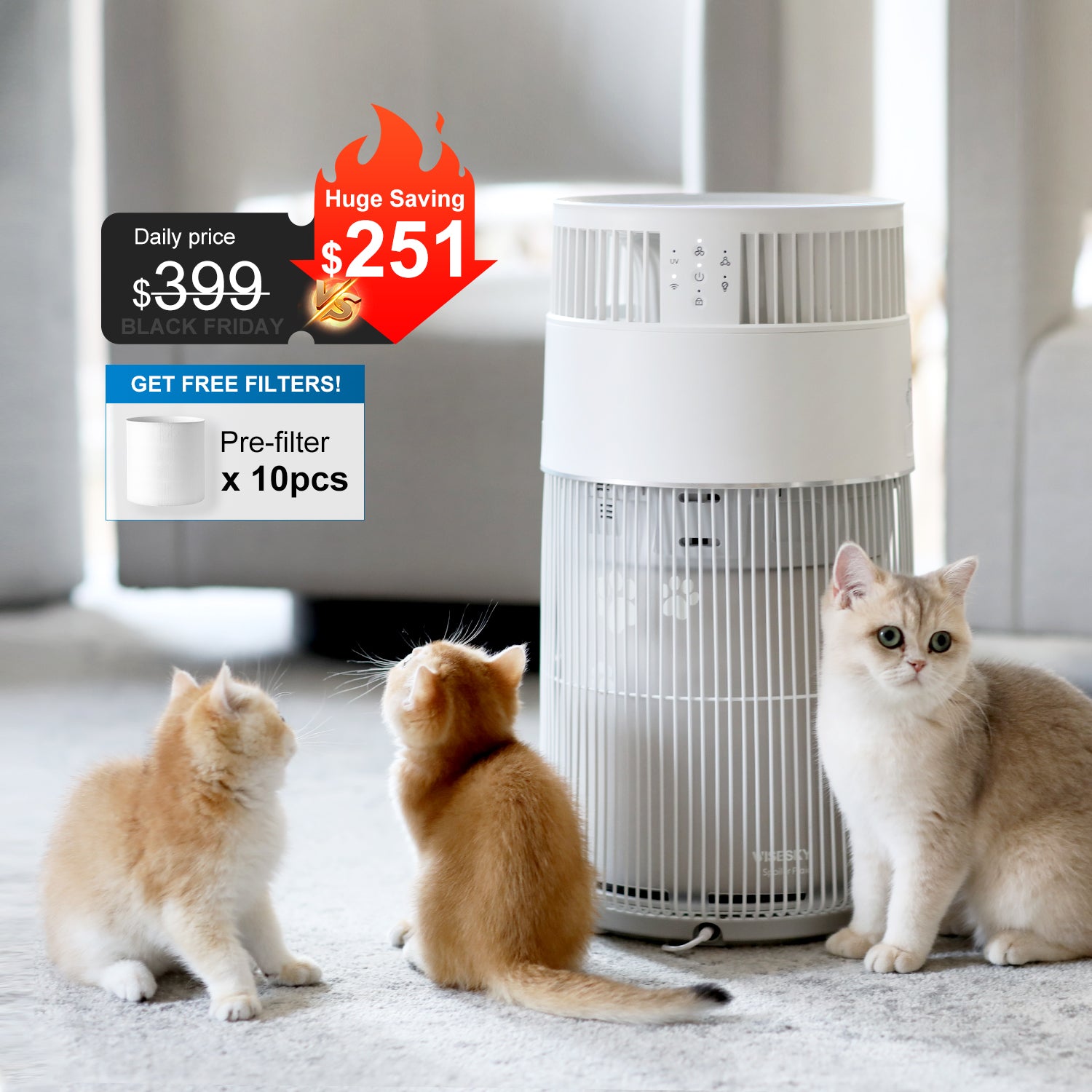 Wisesky Pet Air Purifier for Home, 3-in-1 HEPA filter, covered 1644 Ft², W-cat