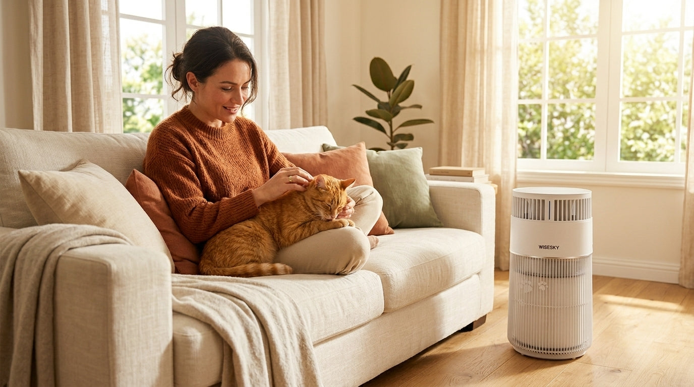 Woman holding her cat in a cozy home - WISESKY cat air purifier